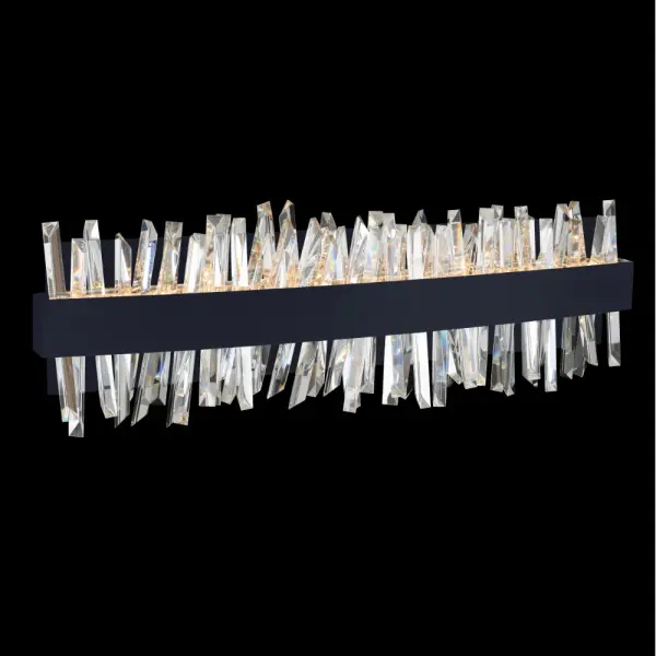 The Glacier 24" LED Bath Light combines modern aesthetics with functional design, featuring chiseled crystal spears and energy-efficient LED technology in a sleek matte black finish. ADA-compliant for accessibility.