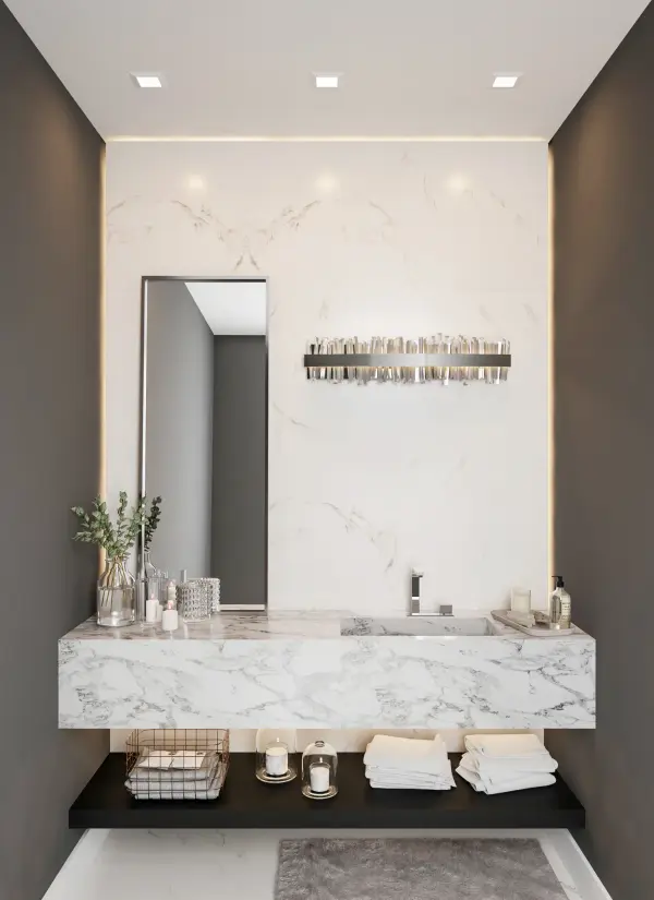 The Glacier 32" LED Bath Light combines dramatic ice-shaped crystal spears with energy-efficient LED backlighting in a polished chrome frame. ADA-compliant and damp-rated, it delivers both striking visual impact and practical illumination. - alternate view