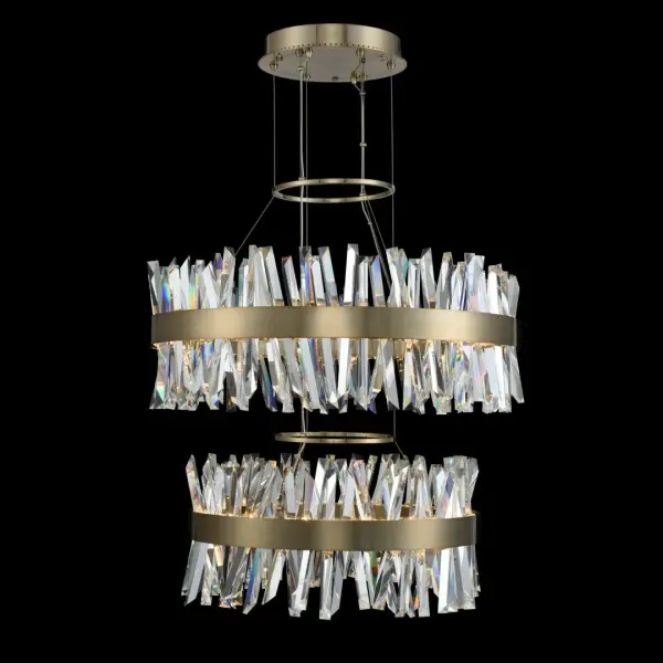 The Glacier pendant delivers dramatic visual impact with its unique ice-shaped crystal spears and backlit LED design. At 32 inches wide and featuring a sophisticated 2-tier construction, this fixture transforms any space into a contemporary showcase.