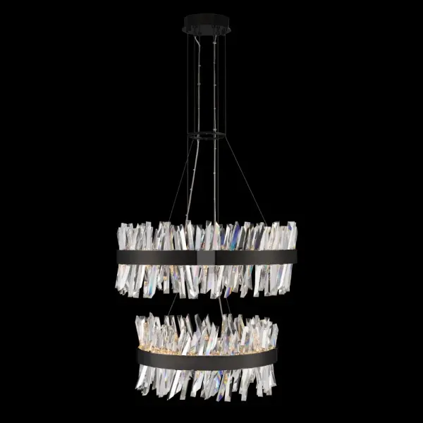 The Glacier pendant combines modern design with crystal elegance through chiseled clear crystal spears and integrated LED lighting. At 32 inches wide and 28 inches tall, this substantial fixture creates stunning visual impact.