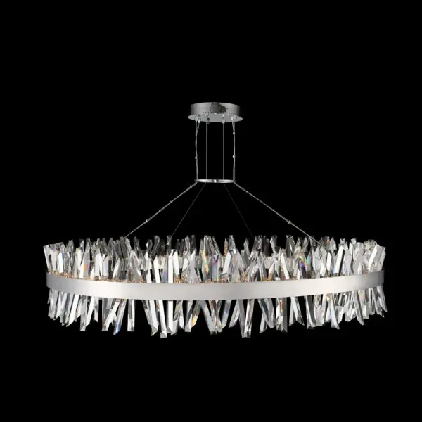 The Glacier 60" pendant makes a dramatic statement with its unique ice-shaped crystal spears and integrated LED backlighting. This oversized fixture combines contemporary design with luxurious materials for grand spaces.