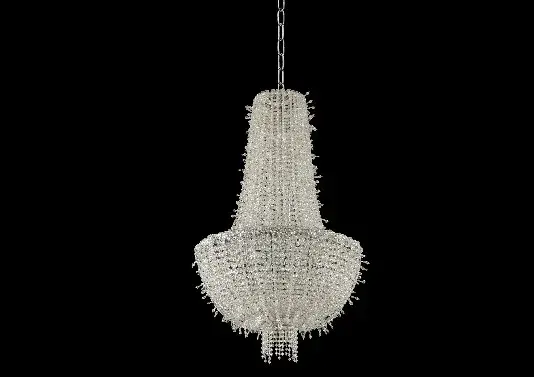 The Cielo 24" pendant reimagines the classic empire chandelier with multi-layered draped crystals that create a brilliant, dimensional ice-like glow. Its polished chrome finish and versatile design work beautifully in modern, traditional, or shabby chic interiors.