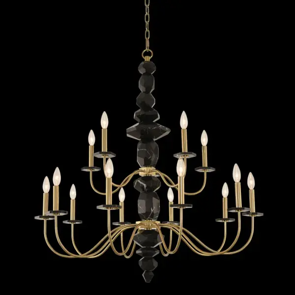 The Piedra chandelier makes a bold architectural statement with its unique stacked black marble center column and 15 lights across two tiers. The brushed champagne gold finish adds warmth while the organic marble creates striking visual interest.