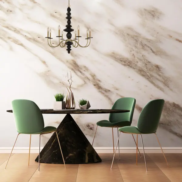 The Piedra chandelier makes a bold architectural statement with its unique stacked black marble center column and 15 lights across two tiers. The brushed champagne gold finish adds warmth while the organic marble creates striking visual interest. - alternate view