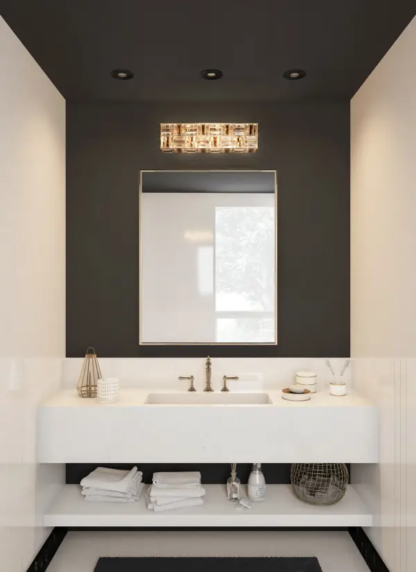 The Modello 20" Bath Light combines geometric crystal arrays with polished chrome for a luxurious bathroom lighting solution. Clear and smoked Firenze crystal creates visual depth while providing excellent illumination. - alternate view
