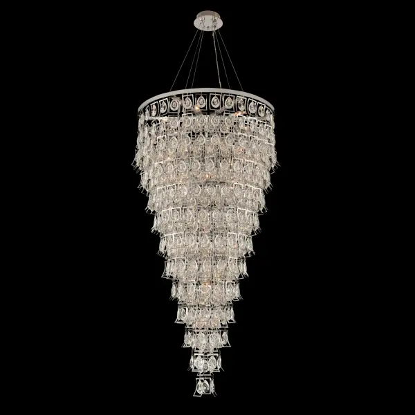 The Carmella 36" Foyer Pendant commands attention with its faceted teardrop crystals suspended in a curved shadow box frame. The tapered waterfall design and polished chrome finish create a luxurious focal point perfect for grand spaces.