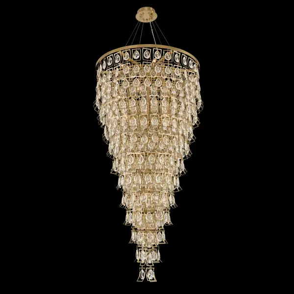 The Carmella 36" Foyer Pendant combines Art Deco elegance with modern sophistication. Featuring faceted teardrop and concave crystals suspended in a curved shadow box frame, this dramatic fixture creates a waterfall effect in Champagne Gold finish.