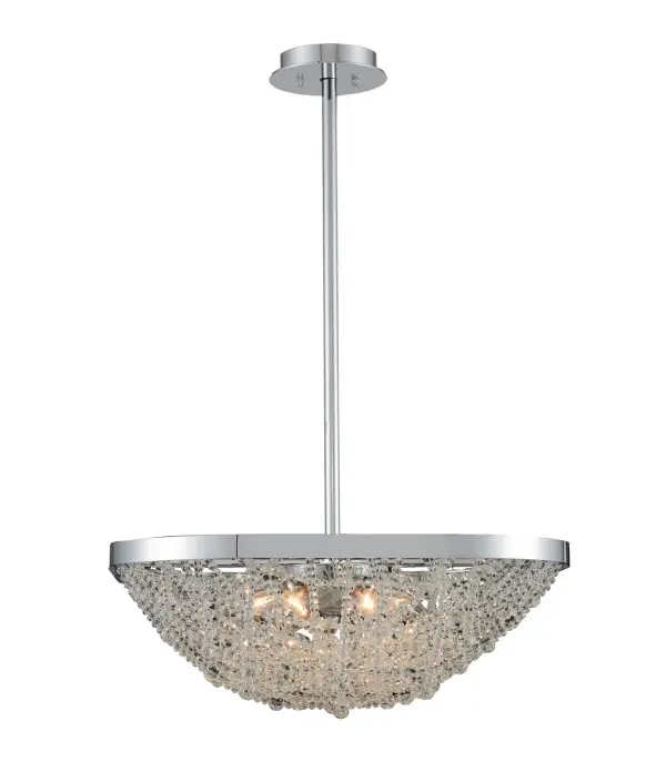 Firenze Crystal beaded strands overlap and intersect within a clean Polished Chrome frame with rounded edges. Collection: Lana Rooms: Kitchen, Dining, Great Room, Foyer Finish: Chrome Notes: Firenze Width: 21.00" Height: 7.00" Length: 21.00" Weight: 19.00 lb Chain: 1x6`` 1x12`` 1x24`` Wire: 96`` Canopy: 1`` Number of Bulbs: 6 Maximum Wattage: 60.00 W Bulb Type: E-12 Bulb Base: E12 Candelabra CRI: 100 Dimmable Voltage: 120.00 V Material: Steel and Crystal Country of Origin: China Safety Listing: Dry Safety Rating: UL, cUL