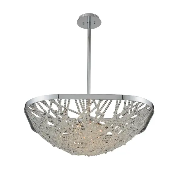 Firenze Crystal beaded strands overlap and intersect within a clean Polished Chrome frame with rounded edges. Collection: Lana Rooms: Kitchen, Dining, Great Room, Foyer Finish: Chrome Notes: Firenze Width: 26.00" Height: 7.00" Length: 26.00" Weight: 26.00 lb Chain: 1x6`` 1x12`` 1x24`` Wire: 96`` Canopy: 1`` Number of Bulbs: 6 Maximum Wattage: 60.00 W Bulb Type: E-12 Bulb Base: E12 Candelabra CRI: 100 Dimmable Voltage: 120.00 V Material: Steel and Crystal Country of Origin: China Safety Listing: Dry Safety Rating: UL, cUL