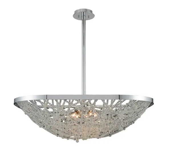 Firenze Crystal beaded strands overlap and intersect within a clean Polished Chrome frame with rounded edges. Collection: Lana Rooms: Kitchen, Dining, Great Room, Foyer Finish: Chrome Notes: Firenze Width: 32.00" Height: 8.00" Length: 32.00" Weight: 37.00 lb Chain: 1x6`` 1x12`` 1x24`` Wire: 96`` Canopy: 1`` Number of Bulbs: 8 Maximum Wattage: 60.00 W Bulb Type: E-12 Bulb Base: E12 Candelabra CRI: 100 Dimmable Voltage: 120.00 V Material: Steel and Crystal Country of Origin: China Safety Listing: Dry Safety Rating: UL, cUL