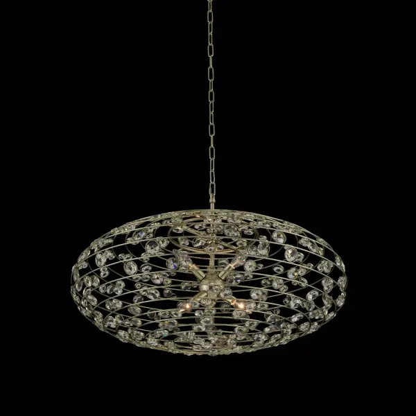 The retro inspired Collection features funky Orb, Cylindrical and Oblong shapes, clear Firenze crystal pebble accents and a soft Champagne Gold finish. This collection arrives fully dressed for easy installation. Collection: Gemini Rooms: Kitchen, Dining, Great Room, Foyer Finish: Champagne Gold Glass: Firenze Clear Notes: Firenze Clear Width: 32.00" Height: 19.00" Weight: 33.07 lb Chain: 96`` Wire: 156`` Canopy: 5``x1`` Number of Bulbs: 6 Maximum Wattage: 40.00 W Bulb Type: G16-1/2 Bulb Base: E12 Candelabra Dimmable Voltage: 120.00 V Material: Steel and Crystal Pebbles Country of Origin: China Safety Listing: Dry Safety Rating: cETL