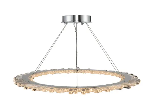 The ultra modern LED Quasar Collection features dense clear Firenze crystal chiseled bars with a Polished Chrome finish. Collection: Quasar Rooms: Kitchen, Dining, Great Room, Foyer Finish: Chrome Glass: Firenze Clear Crystal: Firenze Clear Notes: Firenze Clear Width: 42.00" Height: 1.25" Weight: 53.00 lb Wire: 192`` Canopy: 10``x2`` Bulbs Included Maximum Wattage: 110.00 W Bulb Type: Tape Bulb Base: Tape Light Source: LED Dimmable Voltage: 120.00 V Material: Steel and Crystal Country of Origin: China Safety Listing: cETL Safety Rating: Dry LED