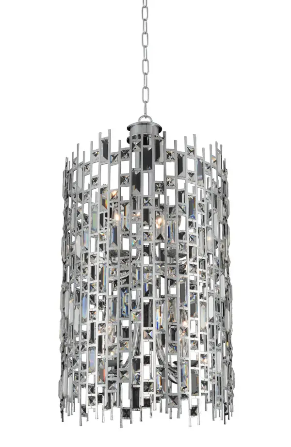 Trend inspired, the Fonseca Collection features open modular design, a sleek Polished Chrome finish and clear Firenze crystal baguettes. Fully dressed for easy installation. Collection: Fonseca Rooms: Foyer, Great Room, Living Room, Bedroom Finish: Chrome Glass: Firenze Clear Crystal: Firenze Clear Notes: Firenze Clear Width: 19.00" Height: 36.00" Weight: 40.00 lb Chain: 96`` Wire: 156`` Canopy: 6``x1`` Number of Bulbs: 8 Maximum Wattage: 60.00 W Bulb Type: Candelabra Bulb Base: E12 Candelabra Dimmable Voltage: 120.00 V Material: Stainless Steel Country of Origin: China Safety Listing: cETL Safety Rating: Dry