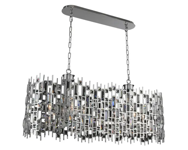 Trend inspired, the Fonseca Collection features open modular design, a sleek Polished Chrome finish and clear Firenze crystal baguettes. Fully dressed for easy installation. Collection: Fonseca Rooms: Kitchen, Dining, Game Room, Bar Finish: Chrome Glass: Firenze Clear Crystal: Firenze Clear Notes: Firenze Clear Width: 13.00" Height: 20.00" Length: 44.00" Weight: 43.00 lb Chain: 96`` Wire: 156`` Canopy: 26``x1``x6`` Number of Bulbs: 8 Maximum Wattage: 60.00 W Bulb Type: Candelabra Bulb Base: E12 Candelabra Dimmable Voltage: 120.00 V Material: Stainless Steel Country of Origin: China Safety Listing: cETL Safety Rating: Dry