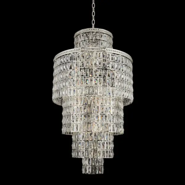 The Kasturi 32" pendant brings Art Deco glamour to grand spaces with its tiered crystal layers and jeweled bands. Individual crystal frames create dimensional sparkle, while the polished silver finish adds sophisticated elegance.