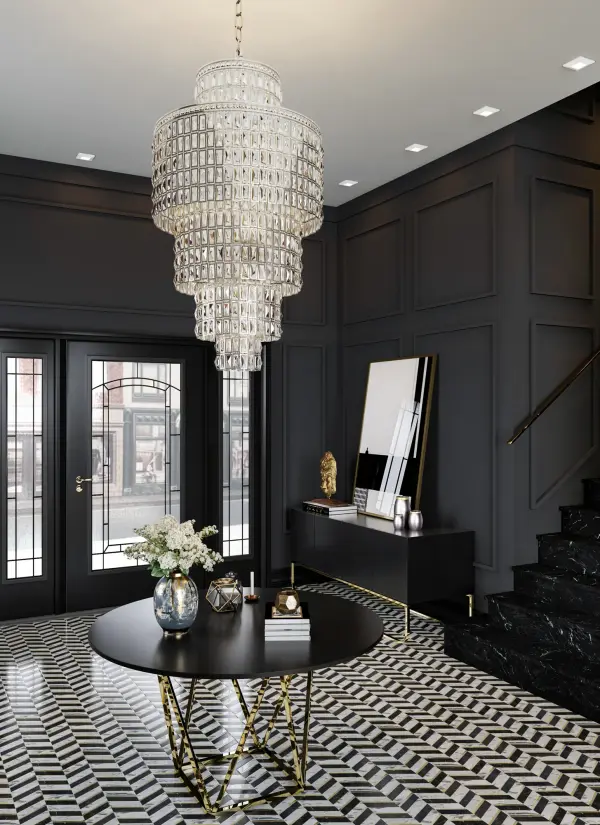 The Kasturi 32" pendant brings Art Deco glamour to grand spaces with its tiered crystal layers and jeweled bands. Individual crystal frames create dimensional sparkle, while the polished silver finish adds sophisticated elegance. - alternate view