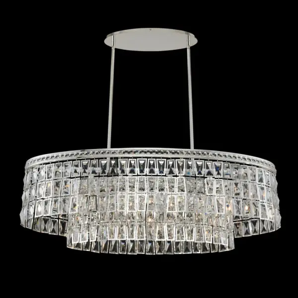 The Kasturi brings Art Deco glamour to modern spaces with its tiered crystal layers and jeweled bands. The 42-inch linear design makes it perfect for kitchen islands and dining tables, while the polished silver finish adds sophisticated shine.