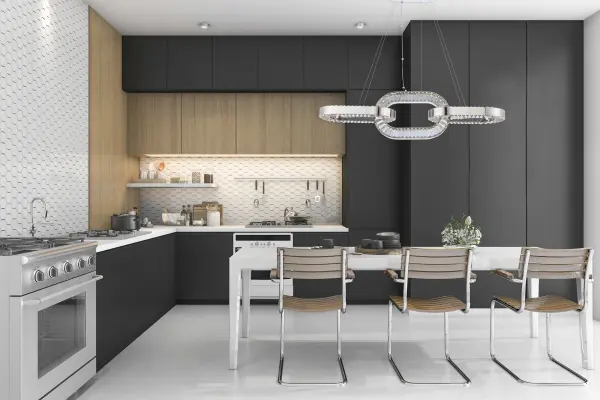 The Catena 48" Island Chandelier makes a bold contemporary statement with its unique chain-link inspired design and Firenze crystal elements. Featuring integrated LED lighting and a polished chrome finish, this fully-dressed fixture delivers both dramatic visual impact and energy-efficient illumination. - alternate view