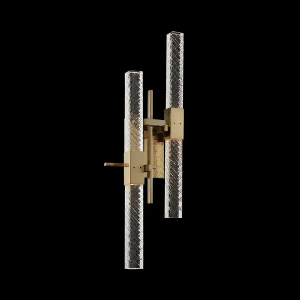 The Apollo 4-Light Wall Sconce combines modern sophistication with brilliant illumination. Hand-cut Firenze crystal blocks create dramatic light play against the warm Brushed Champagne Gold finish, while driverless LED technology ensures energy efficiency and longevity.