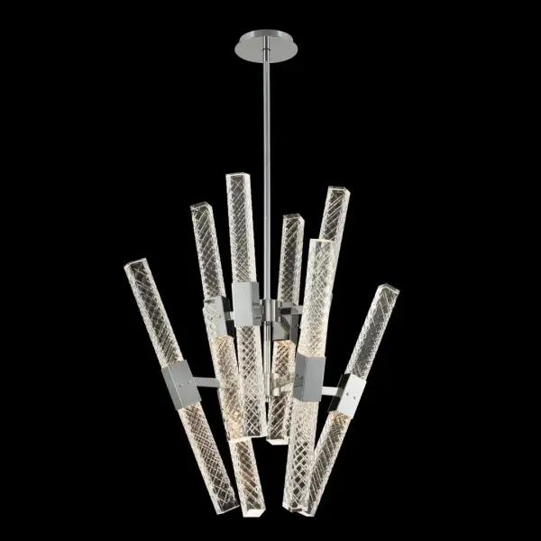 The Apollo 16-Light LED Convergent Chandelier combines modern design with hand-cut crystal rectangular blocks and driverless LED technology. Its polished chrome finish and substantial 26-inch diameter create a dramatic focal point.