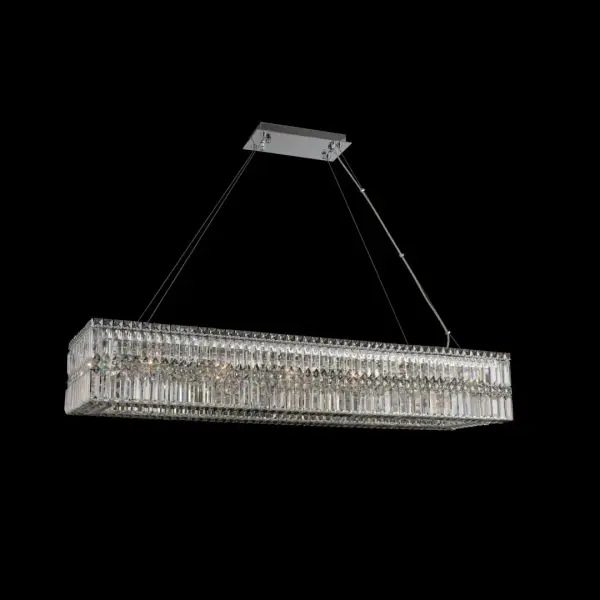 The Rettangolo combines timeless elegance with contemporary design, featuring square and baguette Firenze crystals in polished chrome. At 50 inches long, it makes a dramatic statement over kitchen islands or dining tables.