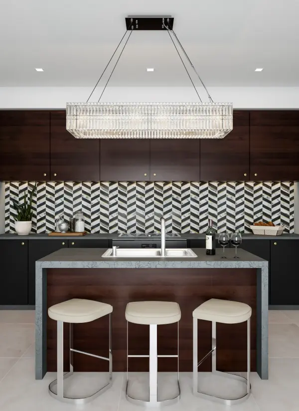 The Rettangolo combines timeless elegance with contemporary design, featuring square and baguette Firenze crystals in polished chrome. At 50 inches long, it makes a dramatic statement over kitchen islands or dining tables. - alternate view