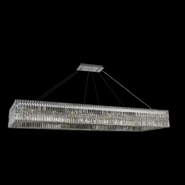 The Rettangolo combines modern geometry with classic crystal elegance. At 72 inches long, this statement piece features Firenze square and baguette crystals in polished chrome, perfect for large dining tables and kitchen islands.