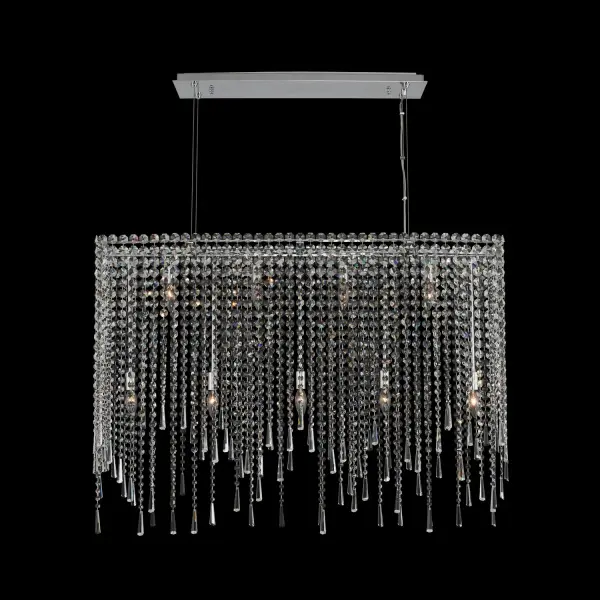 Gocce Collection features modern island light shapes and edgy vertical lamping with octagonal and blunt end icicle Firenze Crystal strands. Collection: Gocce Rooms: Kitchen, Dining, Game Room, Bar Finish: Chrome Glass: Firenze Clear Crystal: Firenze Clear Notes: Firenze Clear Width: 10.00" Height: 30.00" Length: 42.00" Weight: 39.00 lb Wire: 192`` Canopy: 27``x1``x8`` Number of Bulbs: 9 Maximum Wattage: 40.00 W Bulb Type: Candelabra Bulb Base: E12 Candelabra Dimmable Voltage: 120.00 V Material: Steel Country of Origin: China Safety Listing: cETL Safety Rating: Dry