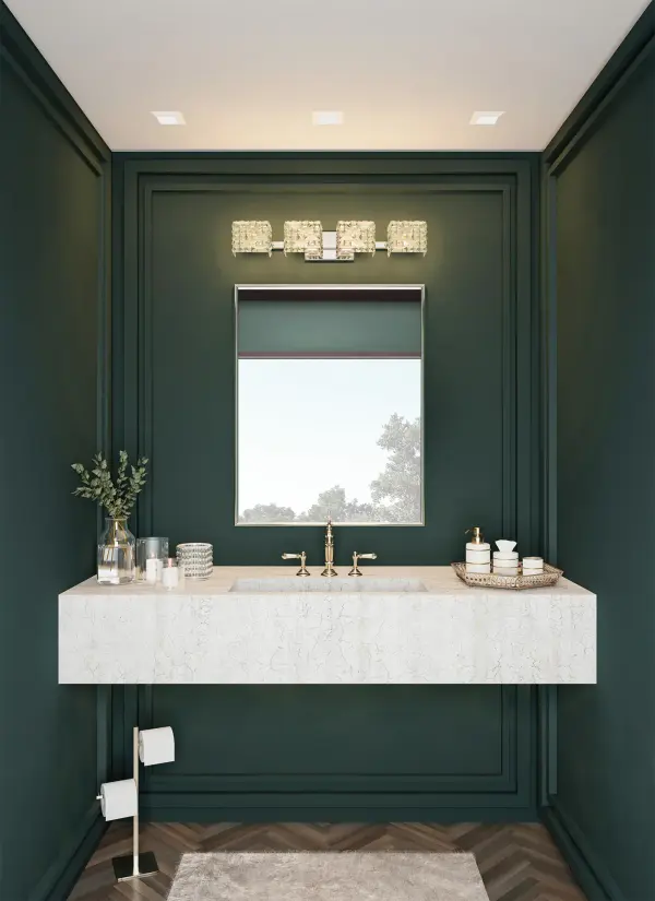 The Marazzi 31" Bath Light combines modern sophistication with practical luxury. Featuring square and rectangular Firenze crystal modules in a warm Antique Gold finish, this fixture arrives fully dressed with G9 LED bulbs for immediate installation. - alternate view