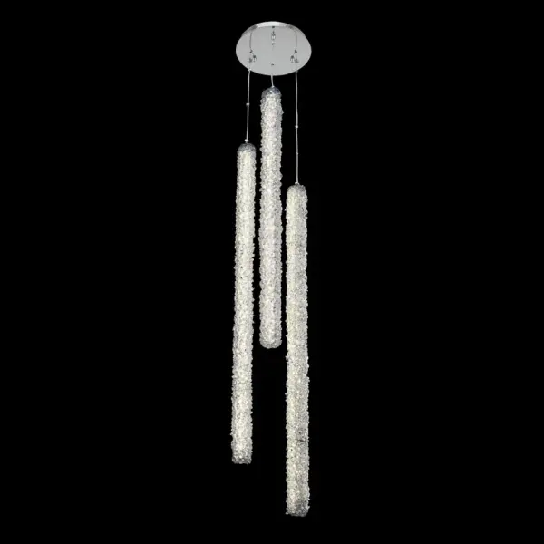 The Lina 3 Column LED Foyer combines Mid-Century Modern elegance with contemporary crystal design. Pre-dressed Firenze crystal strands wrap a sleek silhouette in polished chrome, creating stunning visual impact while providing energy-efficient LED illumination.