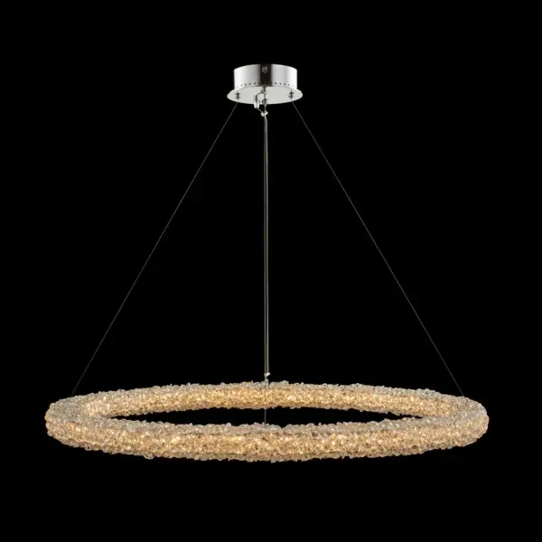 The Lina pendant makes a bold statement with its generous 38-inch diameter wrapped in cascading Firenze crystal strands. Pre-dressed and ready to install, this contemporary fixture combines polished chrome hardware with dimmable LED technology for effortless elegance.