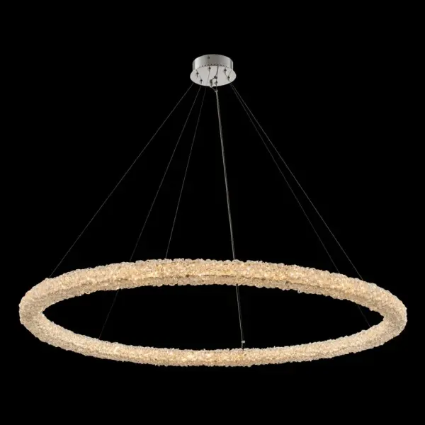 The Lina pendant combines modern design with luxurious Firenze crystal strands wrapped around a sleek 48-inch polished chrome frame. Pre-dressed and ready to install, this statement piece features integrated LED tape lighting with ELV dimming capability for versatile ambiance control.