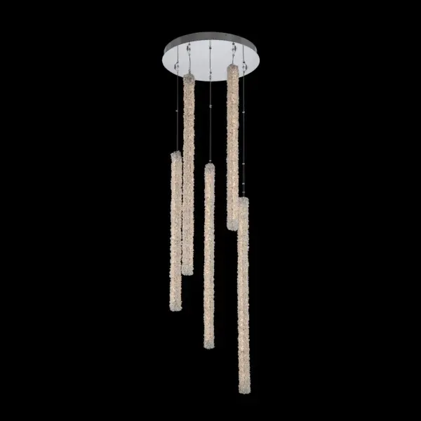 The Lina 5 Column LED Foyer brings contemporary elegance with cascading Firenze crystal strands wrapped around a polished chrome frame. Pre-dressed for easy installation, this dramatic 24-inch diameter fixture creates a stunning focal point.