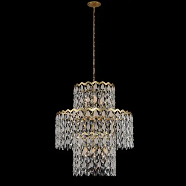 The Caretta 27" pendant combines traditional elegance with Art Deco flair through its distinctive scalloped frame in antique brass and mixed Firenze crystal drops. Perfect for grand entryways and formal spaces.