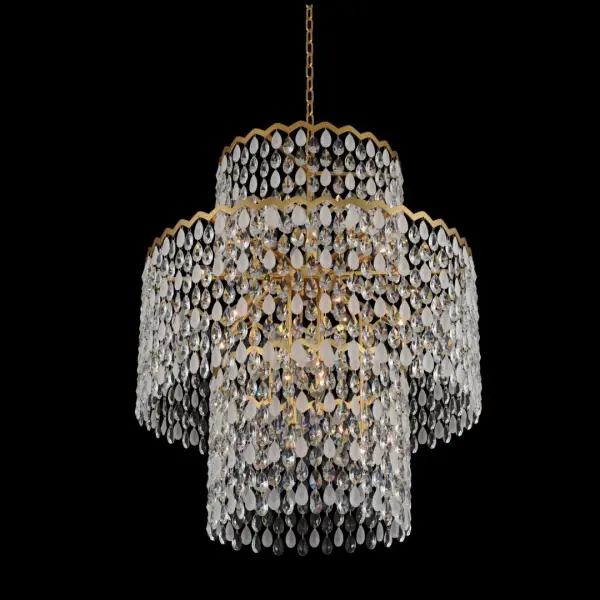 The Caretta 35" foyer pendant combines traditional elegance with Art Deco flair through its distinctive scalloped frame and mixed Firenze crystal drops. The antique brass finish adds warmth while the substantial 35" size commands attention.