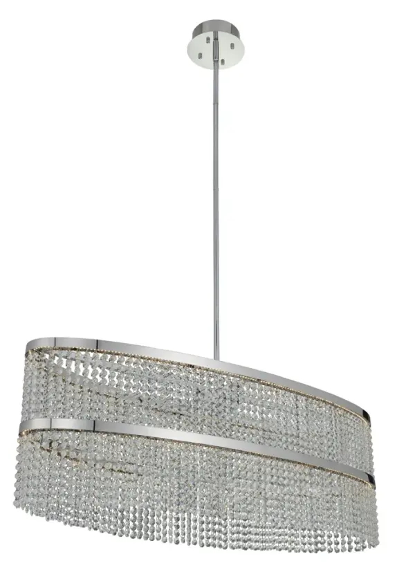 The Cortina Collection offers romance and mystery by integrating LED light into its floating Polished Chrome (CH) rings. The light softly filters through brilliant Firenze crystal strands. Collection: Cortina Rooms: Dining, Billiards, Kitchen, Office Finish: Chrome Crystal: Clear Firenze Notes: Clear Firenze Width: 14.00" Height: 25.00" Length: 44.00" Weight: 30.00 lb Wire: 156" Rod: 1x6 1x12 1x24 Canopy: 7"x3"x7" Bulbs Included Maximum Wattage: 70.00 W Bulb Type: LED Light Source: LED Light Output: 6300.00 lm Color Temperature: 3000 K CRI: 80 Dimmable Voltage: 120.00 V Material: Steel Stainless Steel Crystal Country of Origin: China Safety Listing: UL Safety Rating: Dry LED