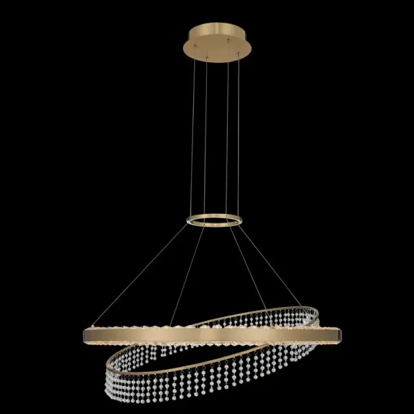 The Saturno pendant combines modern LED technology with luxurious Firenze clear crystal in an innovative tilting ring design. The brushed brass finish adds warmth while the integrated LED provides energy-efficient illumination.