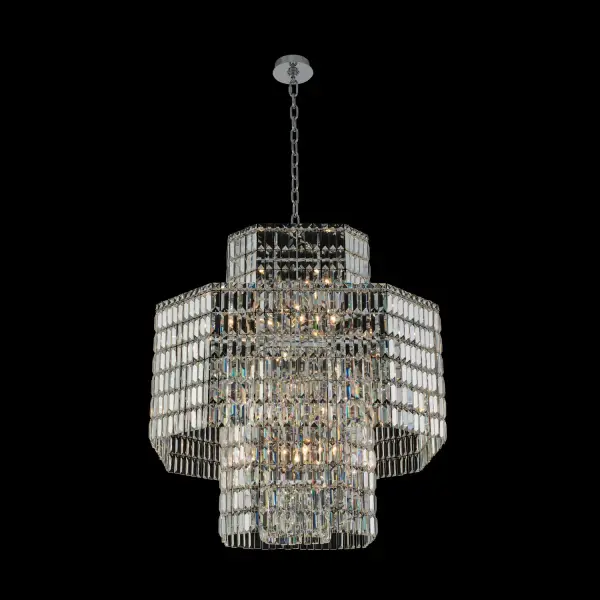 The Livelli pendant features cascading strands of faceted rectangular crystal bricks in a dramatic multilevel design. Its dimensional sparkle and modern aesthetic make it perfect for creating a luxurious focal point in high-ceiling spaces.