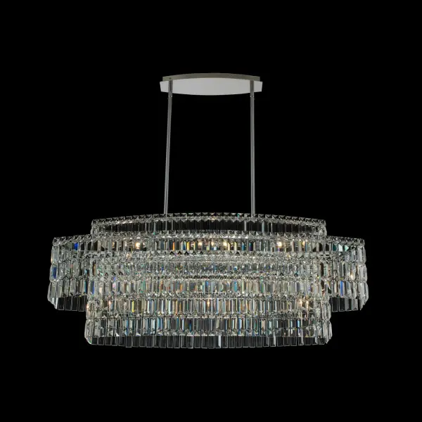The Livelli 44" Island Pendant features cascading faceted crystal bricks in a multilevel design that creates dimensional sparkle and light refraction. Its polished chrome frame and modern aesthetic make it perfect for contemporary spaces.