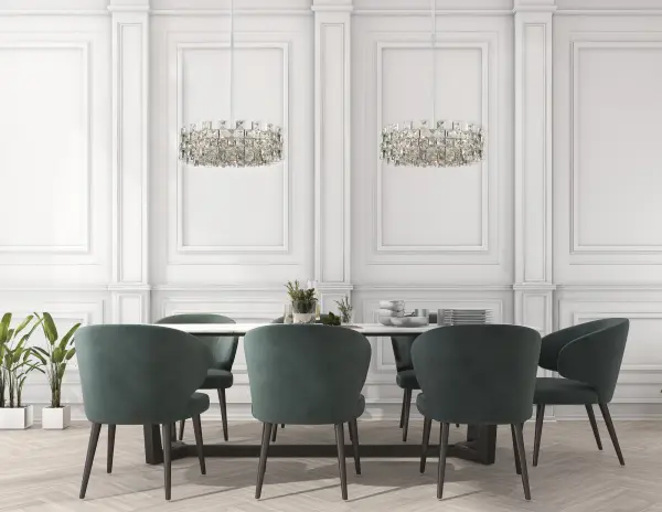 The Piazze pendant combines faceted crystal squares in a sophisticated checkered pattern within a polished chrome frame. Its generous 29-inch diameter and use of negative space create visual impact without overwhelming, making it versatile enough for both formal dining rooms and contemporary living spaces. - alternate view