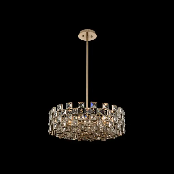 The Piazze pendant combines faceted crystal squares in a checkered pattern with a brushed champagne gold frame, creating a visually striking yet airy design. Its 29-inch diameter makes it perfect for large spaces.