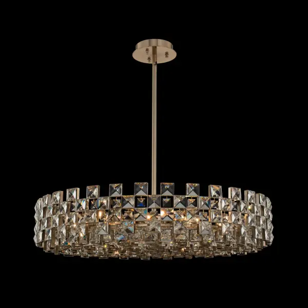 The Piazze 35" pendant combines faceted crystal squares in a checkered pattern with a brushed champagne gold frame, creating a visually striking yet surprisingly light appearance. Its generous scale and sophisticated design work beautifully in both formal and casual settings.