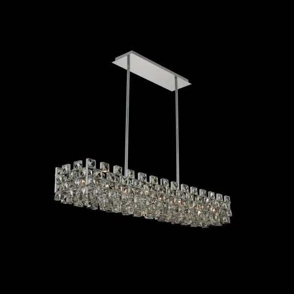 The Piazze 44" Island Pendant features faceted crystal squares in a sophisticated checkered pattern within a polished chrome frame. Its visually light design with negative space creates an elegant statement piece suitable for both formal and casual settings.