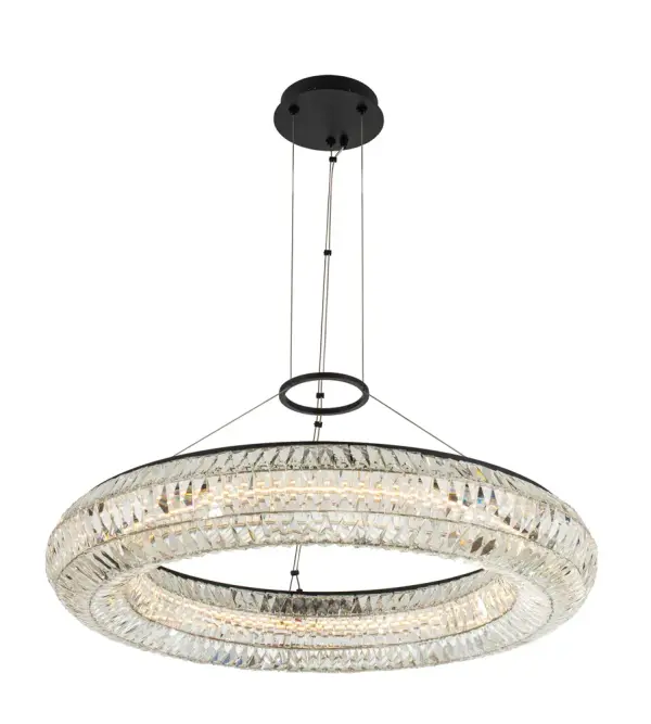 The Tamburo Collection`s form comes from individual, custom shaped crystals. High power LEDs light up interesting characteristics of the inner structure. The Tamburo Collection features simple Matte Black (052) hardware for use in any interior space. LEDs are dimmable with ELV dimmer switch. Collection: Tamburo Rooms: Entry, Kitchen, Dining, Bed Finish: Matte Black w Polished Chrome Crystal: Firenze Width: 34.00" Height: 6.00" Length: 34.00" Weight: 47.00 lb Wire: 192`` Canopy: 8``x2``x8`` Bulbs Included Maximum Wattage: 97.00 W Bulb Type: LED Light Source: LED Light Output: 5290.00 lm Color Temperature: 2700 K CRI: 90 Dimmable Voltage: 120.00 V Material: Steel , Crystal Country of Origin: China Safety Listing: ETL Safety Rating: Dry LED