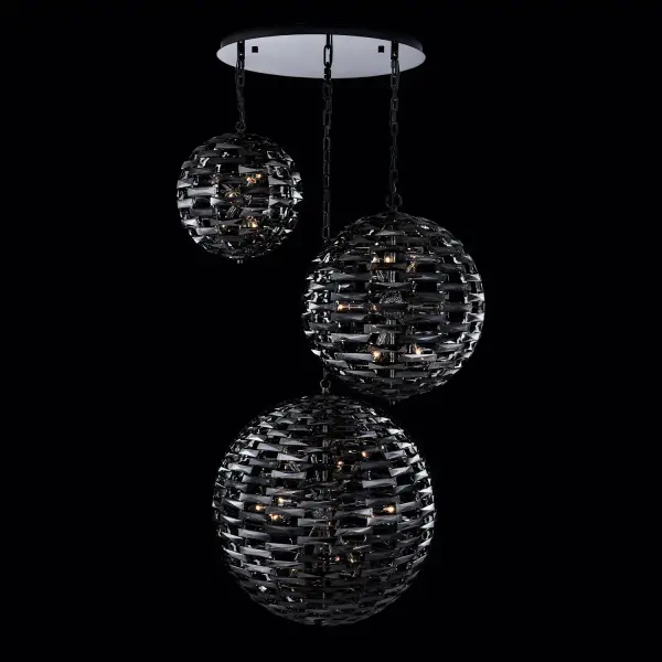 The Alta 3 Orb Pendant features three graduated crystal spheres (18, 26, and 36 inches) with a dramatic sputnik cluster core. This architectural masterpiece combines hundreds of crystal bars with Black Nickel framing for maximum impact.