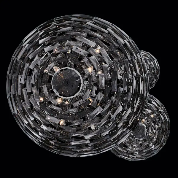 The Alta 3 Orb Pendant features three graduated crystal spheres (18, 26, and 36 inches) with a dramatic sputnik cluster core. This architectural masterpiece combines hundreds of crystal bars with Black Nickel framing for maximum impact. - alternate view