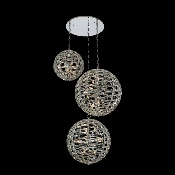 The Alta pendant features meticulously arranged crystal bars forming a perfect sphere diffuser with an inner sputnik light cluster. This oversized fixture creates dramatic visual impact in high-ceiling foyers and grand spaces.