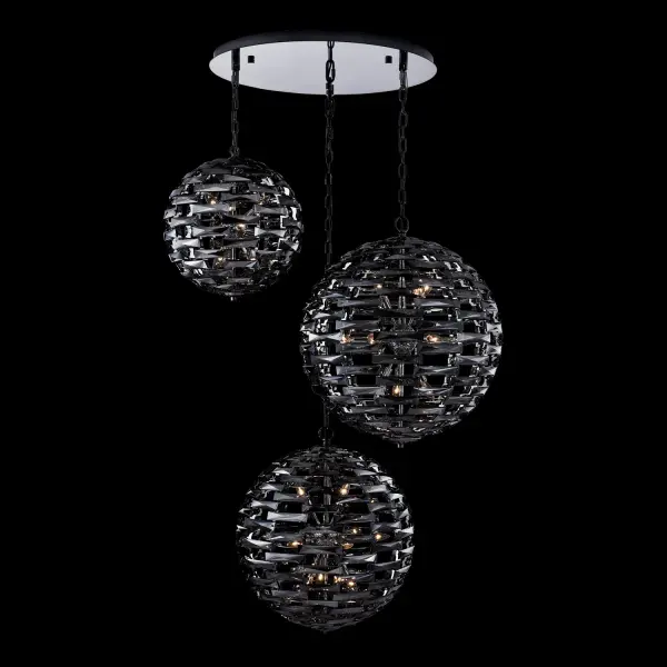 The Alta 3 Orb Pendant features three graduated crystal spheres (18", 26", 26") with meticulously arranged crystal bars creating stunning light diffusion. A sputnik-style cluster within the Black Nickel frame adds architectural depth.