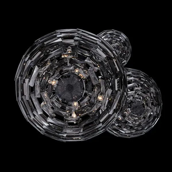 The Alta 3 Orb Pendant features three graduated crystal spheres (18", 26", 26") with meticulously arranged crystal bars creating stunning light diffusion. A sputnik-style cluster within the Black Nickel frame adds architectural depth. - alternate view