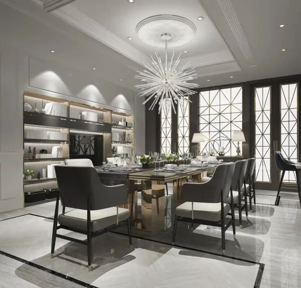 The Sprazzo makes a bold statement with its oversized 48-inch diameter and nostalgic sputnik design. Polished silver finish and art deco elements create sophisticated drama perfect for grand spaces with high ceilings. - alternate view